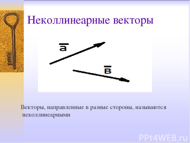 Неколлинеарные векторы Векторы, направленные в разные стороны, называются неколлинеарными