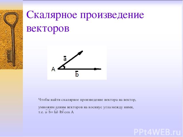 Скалярное произведение векторов Чтобы найти скалярное произведение вектора на вектор, yмножим длины векторов на косинус угла между ними, т.е. a· b= |a|· |b| cos A