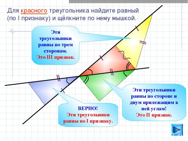 Для красного треугольника найдите равный (по I признаку) и щёлкните по нему мышкой. Эти треугольники равны по стороне и двум прилежащим к ней углам! Это II признак. Эти треугольники равны по трем сторонам. Это III признак. ВЕРНО! Эти треугольники ра…