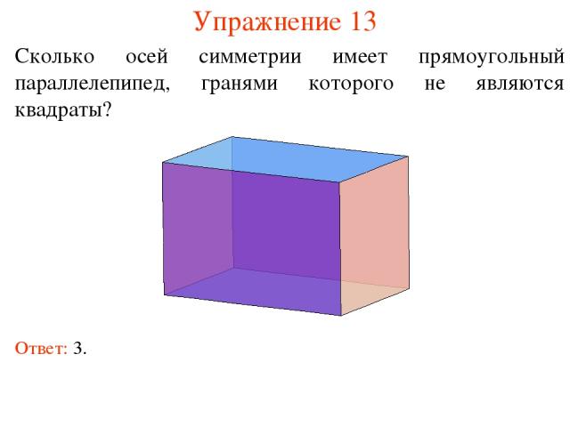 Упражнение 13 Сколько осей симметрии имеет прямоугольный параллелепипед, гранями которого не являются квадраты? Ответ: 3.