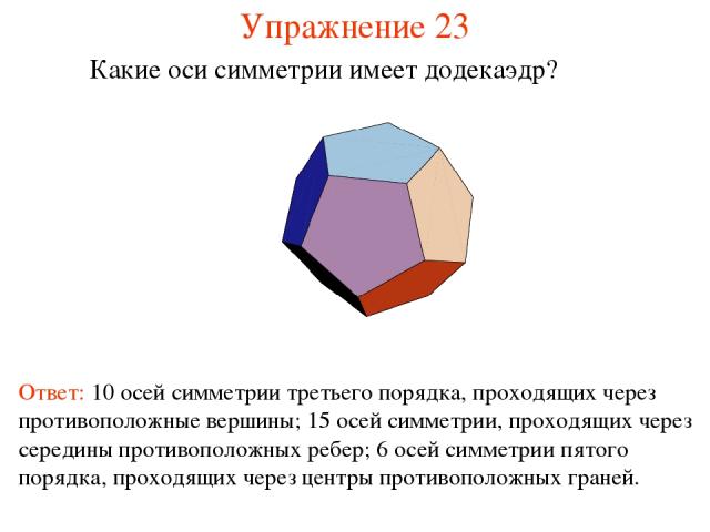 Упражнение 23 Какие оси симметрии имеет додекаэдр? Ответ: 10 осей симметрии третьего порядка, проходящих через противоположные вершины; 15 осей симметрии, проходящих через середины противоположных ребер; 6 осей симметрии пятого порядка, проходящих ч…