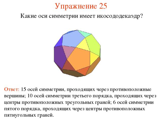 Упражнение 25 Какие оси симметрии имеет икосододекаэдр? Ответ: 15 осей симметрии, проходящих через противоположные вершины; 10 осей симметрии третьего порядка, проходящих через центры противоположных треугольных граней; 6 осей симметрии пятого поряд…