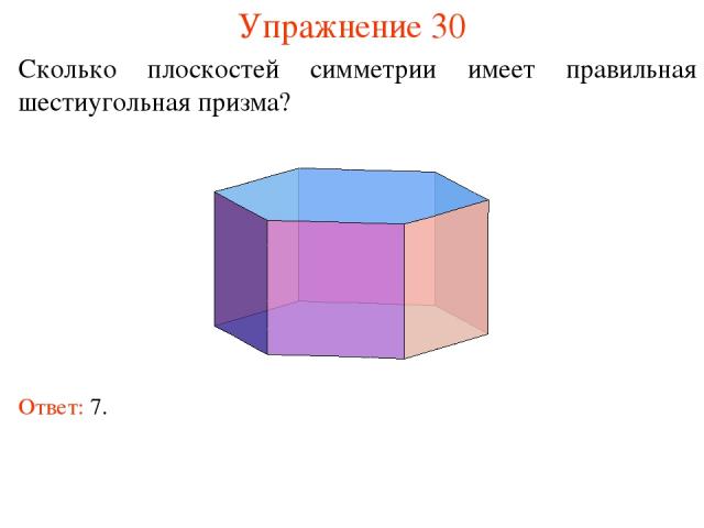 Упражнение 30 Сколько плоскостей симметрии имеет правильная шестиугольная призма? Ответ: 7.
