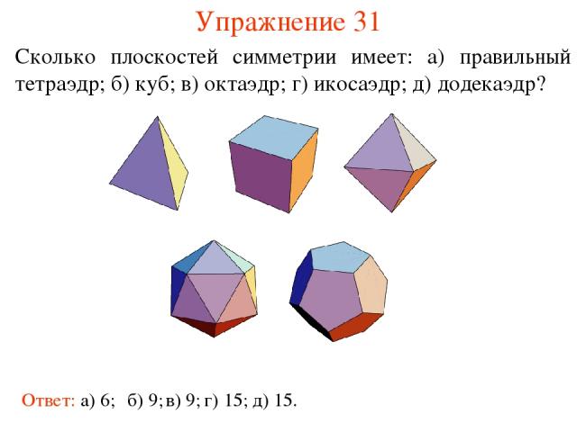 Упражнение 31 Сколько плоскостей симметрии имеет: а) правильный тетраэдр; б) куб; в) октаэдр; г) икосаэдр; д) додекаэдр? Ответ: а) 6; б) 9; в) 9; г) 15; д) 15.