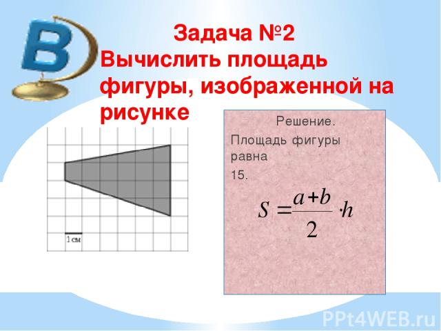 Задача №2 Вычислить площадь фигуры, изображенной на рисунке Решение. Площадь фигуры равна 15.