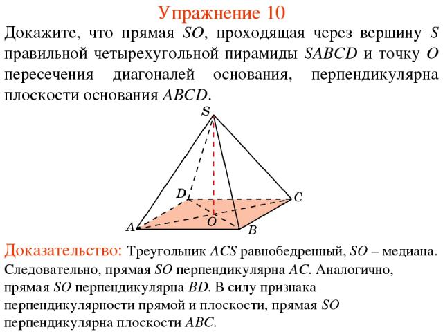 Докажите, что прямая SO, проходящая через вершину S правильной четырехугольной пирамиды SABCD и точку O пересечения диагоналей основания, перпендикулярна плоскости основания ABCD. Упражнение 10 Доказательство: Треугольник ACS равнобедренный, SO – ме…