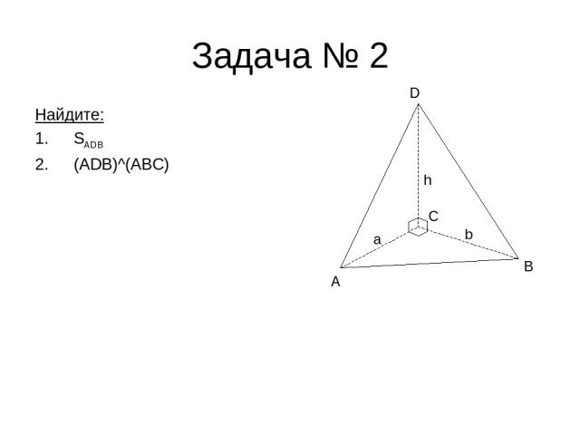 Задача № 2 Найдите: SADB (ADB)^(ABC) A B D h a C b