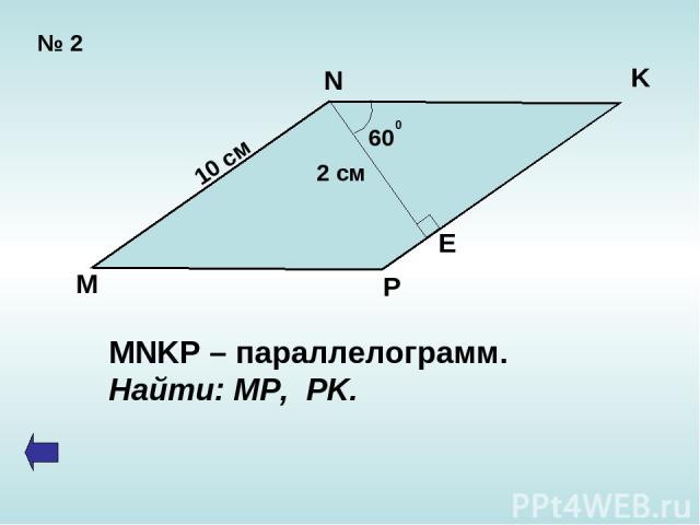 № 2 60 0 2 см 10 см N K E P M MNKP – параллелограмм. Найти: MP, PK.