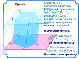 Призма А1 А2 Аn B1 B2 Bn B3 А3 Многогранник, составленный из двух равных многоуг