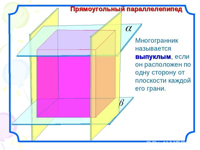 Прямоугольный параллелепипед Многогранник называется выпуклым, если он расположен по одну сторону от плоскости каждой его грани.