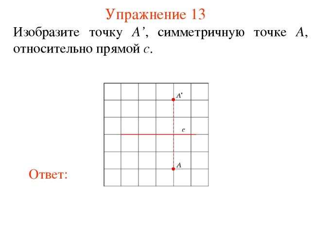 Упражнение 13 Изобразите точку A’, симметричную точке A, относительно прямой c.