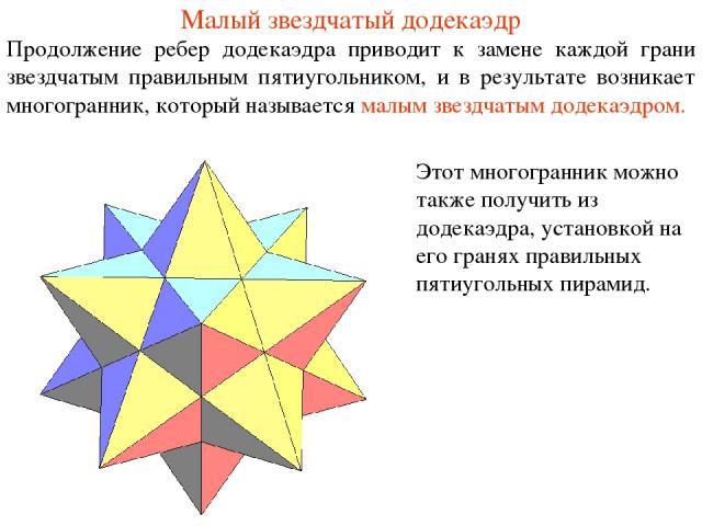 Малый звездчатый додекаэдр Продолжение ребер додекаэдра приводит к замене каждой грани звездчатым правильным пятиугольником, и в результате возникает многогранник, который называется малым звездчатым додекаэдром. Этот многогранник можно также получи…