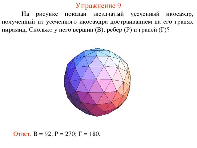 Упражнение 9 На рисунке показан звездчатый усеченный икосаэдр, полученный из усеченного икосаэдра достраиванием на его гранях пирамид. Сколько у него вершин (В), ребер (Р) и граней (Г)? Ответ. В = 92; Р = 270; Г = 180.
