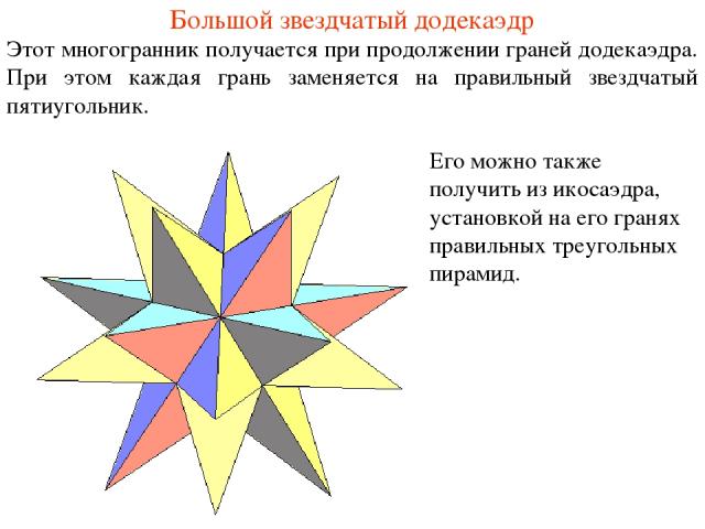 Большой звездчатый додекаэдр Этот многогранник получается при продолжении граней додекаэдра. При этом каждая грань заменяется на правильный звездчатый пятиугольник. Его можно также получить из икосаэдра, установкой на его гранях правильных треугольн…