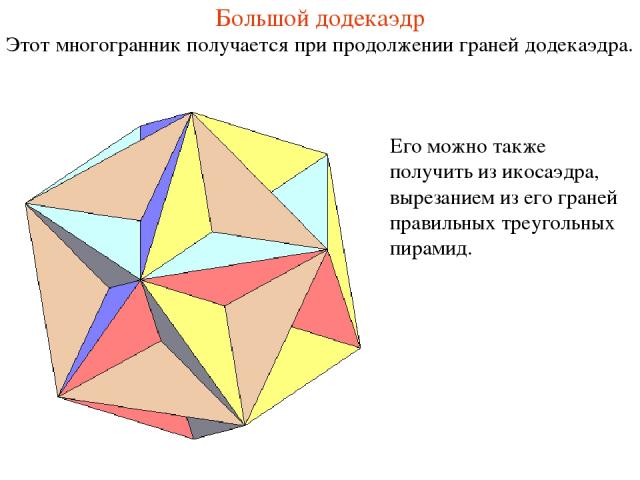 Большой додекаэдр Этот многогранник получается при продолжении граней додекаэдра. Его можно также получить из икосаэдра, вырезанием из его граней правильных треугольных пирамид.