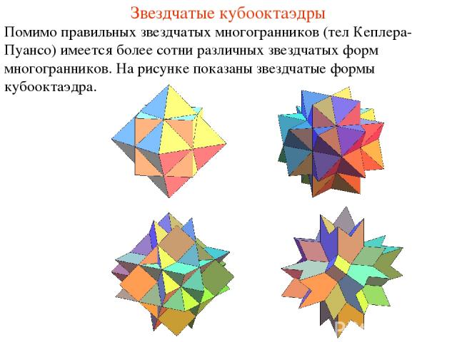 Звездчатые кубооктаэдры Помимо правильных звездчатых многогранников (тел Кеплера-Пуансо) имеется более сотни различных звездчатых форм многогранников. На рисунке показаны звездчатые формы кубооктаэдра.