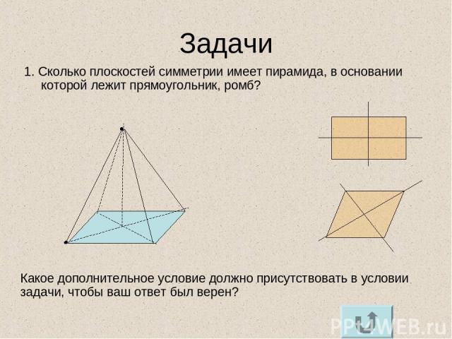 Задачи 1. Сколько плоскостей симметрии имеет пирамида, в основании которой лежит прямоугольник, ромб? Какое дополнительное условие должно присутствовать в условии задачи, чтобы ваш ответ был верен?