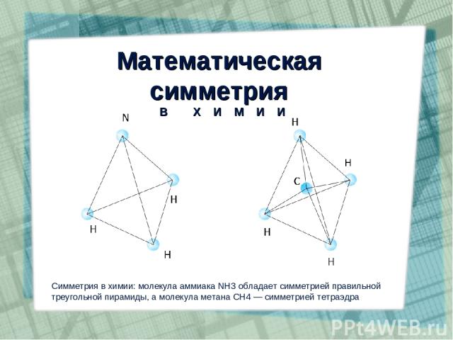 Математическая симметрия Симметрия в химии: молекула аммиака NH3 обладает симметрией правильной треугольной пирамиды, а молекула метана CH4 — симметрией тетраэдра В Х И М И И