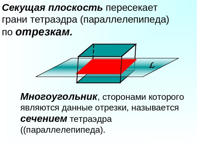 Секущая плоскость пересекает грани тетраэдра (параллелепипеда) по отрезкам. Многоугольник, сторонами которого являются данные отрезки, называется сечением тетраэдра ((параллелепипеда).