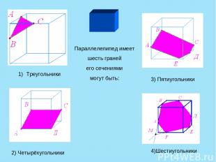 Параллелепипед имеет шесть граней его сечениями могут быть: Треугольники 2) Четы