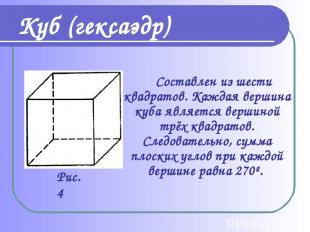 Куб (гексаэдр) Составлен из шести квадратов. Каждая вершина куба является вершин