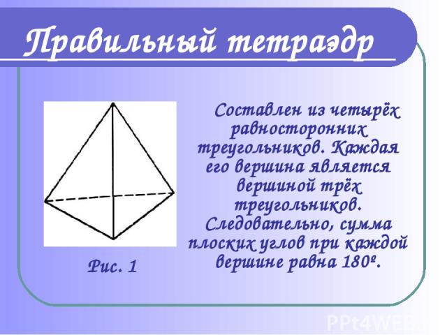 Правильный тетраэдр Составлен из четырёх равносторонних треугольников. Каждая его вершина является вершиной трёх треугольников. Следовательно, сумма плоских углов при каждой вершине равна 180º. Рис. 1