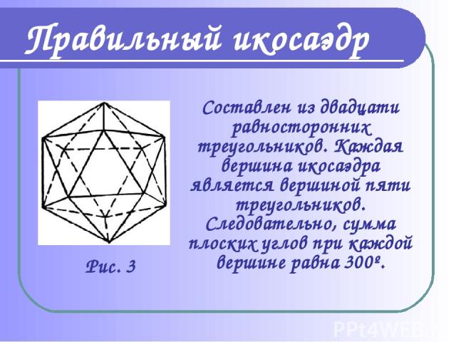 Составлен из двадцати равносторонних треугольников. Каждая вершина икосаэдра является вершиной пяти треугольников. Следовательно, сумма плоских углов при каждой вершине равна 300º. Правильный икосаэдр Рис. 3