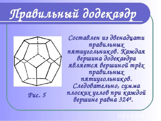 Составлен из двенадцати правильных пятиугольников. Каждая вершина додекаэдра является вершиной трёх правильных пятиугольников. Следовательно, сумма плоских углов при каждой вершине равна 324º. Правильный додекаэдр Рис. 5