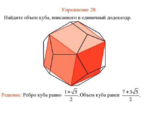 Упражнение 28 Найдите объем куба, вписанного в единичный додекаэдр.