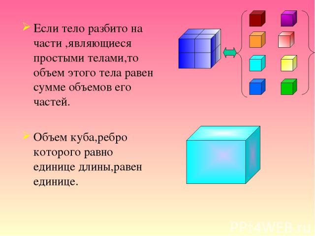 Если тело разбито на части ,являющиеся простыми телами,то объем этого тела равен сумме объемов его частей. Объем куба,ребро которого равно единице длины,равен единице.