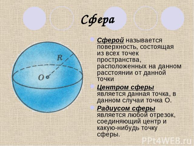 Сфера Сферой называется поверхность, состоящая из всех точек пространства, расположенных на данном расстоянии от данной точки Центром сферы является данная точка, в данном случаи точка О. Радиусом сферы является любой отрезок, соединяющий центр и ка…