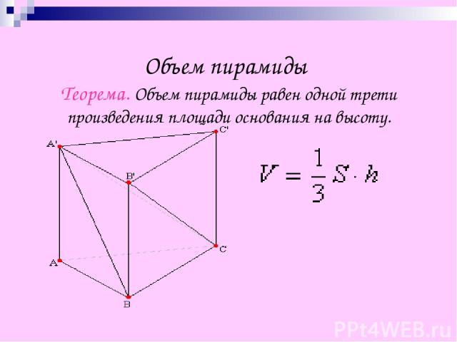 Объем пирамиды Теорема. Объем пирамиды равен одной трети произведения площади основания на высоту.