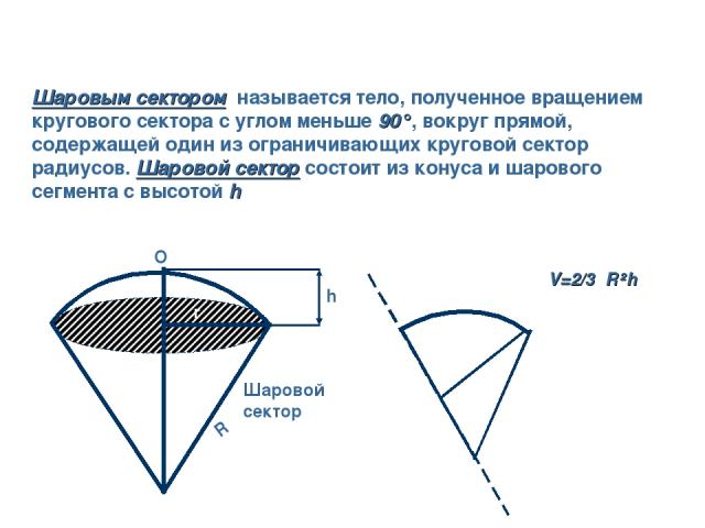 h R r O Шаровой сектор V=2/3πR²h Шаровым сектором называется тело, полученное вращением кругового сектора с углом меньше 90°, вокруг прямой, содержащей один из ограничивающих круговой сектор радиусов. Шаровой сектор состоит из конуса и шарового сегм…
