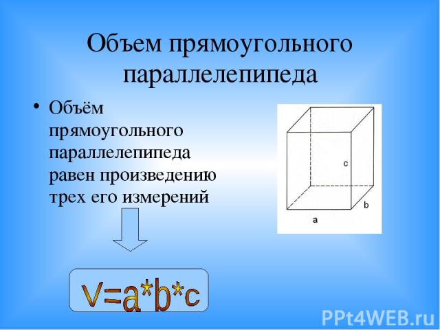 Объем прямоугольного параллелепипеда Объём прямоугольного параллелепипеда равен произведению трех его измерений