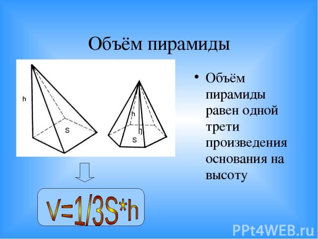 Объём пирамиды Объём пирамиды равен одной трети произведения основания на высоту