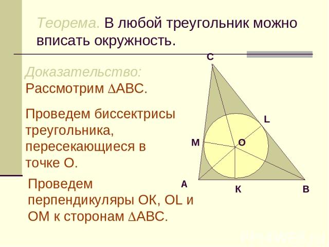 Теорема. В любой треугольник можно вписать окружность. Доказательство: Рассмотрим АВС. Проведем биссектрисы треугольника, пересекающиеся в точке О. Проведем перпендикуляры ОК, ОL и ОM к сторонам АВС.