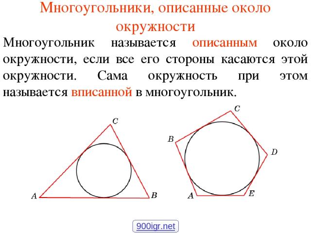 Многоугольники, описанные около окружности Многоугольник называется описанным около окружности, если все его стороны касаются этой окружности. Сама окружность при этом называется вписанной в многоугольник. 900igr.net