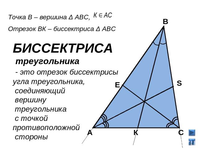 В А С К Точка В – вершина Δ АВС, Отрезок ВК – биссектриса Δ АВС БИССЕКТРИСА треугольника - это отрезок биссектрисы угла треугольника, соединяющий вершину треугольника с точкой противоположной стороны S E