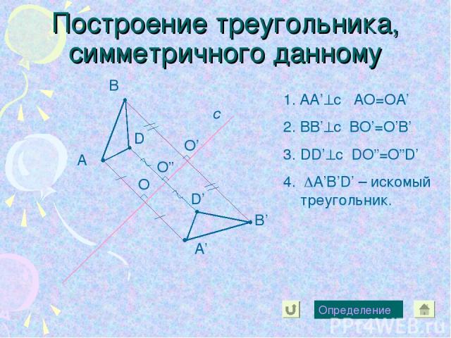 Построение треугольника, симметричного данному А с А’ В В’ D D’ Определение 1. AA’ c AO=OA’ 2. BB’ c BO’=O’B’ 3. DD’ c DO”=O”D’ 4. A’B’D’ – искомый треугольник. O O” O’
