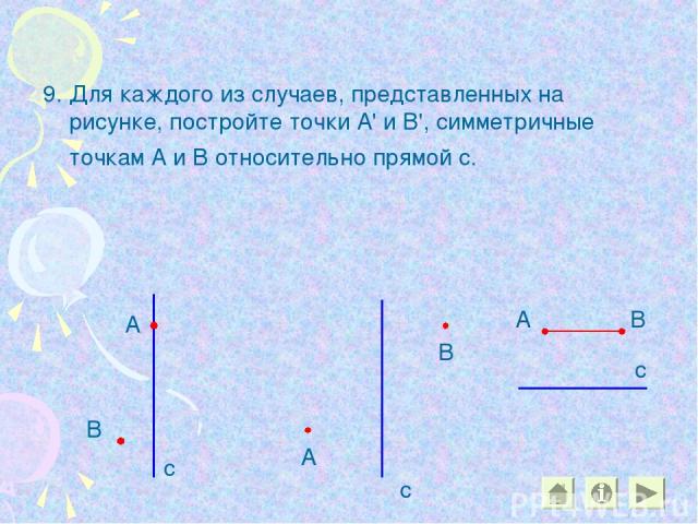 9. Для каждого из случаев, представленных на рисунке, постройте точки А' и В', симметричные точкам А и В относительно прямой с. В А с А В с А В с