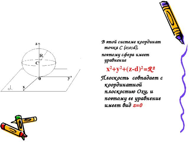 В этой системе координат точка C (о;о;d), поэтому сфера имеет уравнение x2+y2+(z-d)2=R² Плоскость совпадает с координатной плоскостью Oxy, и поэтому ее уравнение имеет вид z=0