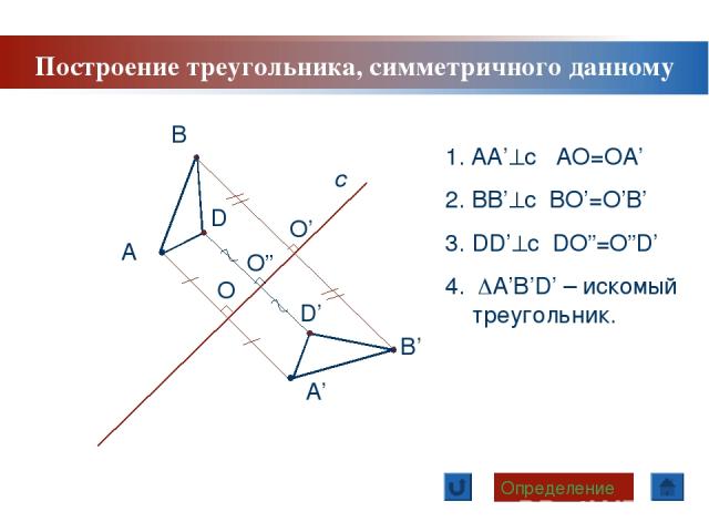 Построение треугольника, симметричного данному А с А’ В В’ D D’ Определение 1. AA’ c AO=OA’ 2. BB’ c BO’=O’B’ 3. DD’ c DO”=O”D’ 4. A’B’D’ – искомый треугольник. O O” O’