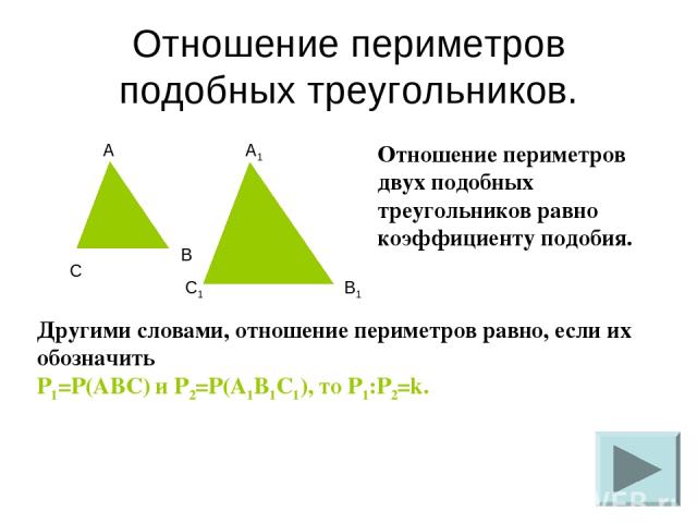 Отношение периметров подобных треугольников. Другими словами, отношение периметров равно, если их обозначить P1=P(ABC) и P2=P(A1B1C1), то P1:P2=k. Отношение периметров двух подобных треугольников равно коэффициенту подобия. A B C A1 B1 C1