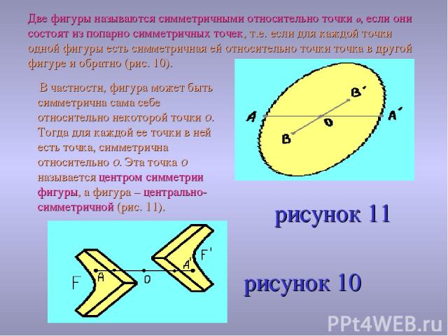 Две фигуры называются симметричными относительно точки o, если они состоят из попарно симметричных точек, т.е. если для каждой точки одной фигуры есть симметричная ей относительно точки точка в другой фигуре и обратно (рис. 10). В частности, фигура …