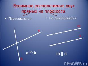 Взаимное расположение двух прямых на плоскости. Пересекаются Не пересекаются m n