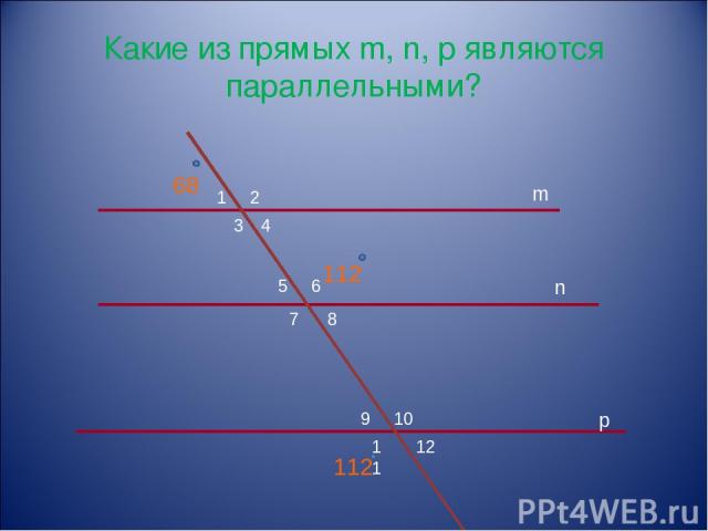Какие из прямых m, n, p являются параллельными? 1 2 3 4 5 6 7 8 9 10 11 12 m n p 112 112 68