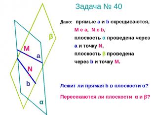 Задача № 40 Дано: прямые а и b скрещиваются, М є а, N є b, плоскость α проведена