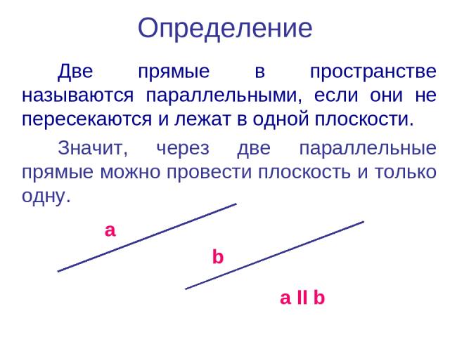 Определение Две прямые в пространстве называются параллельными, если они не пересекаются и лежат в одной плоскости. Значит, через две параллельные прямые можно провести плоскость и только одну. a b a ΙΙ b