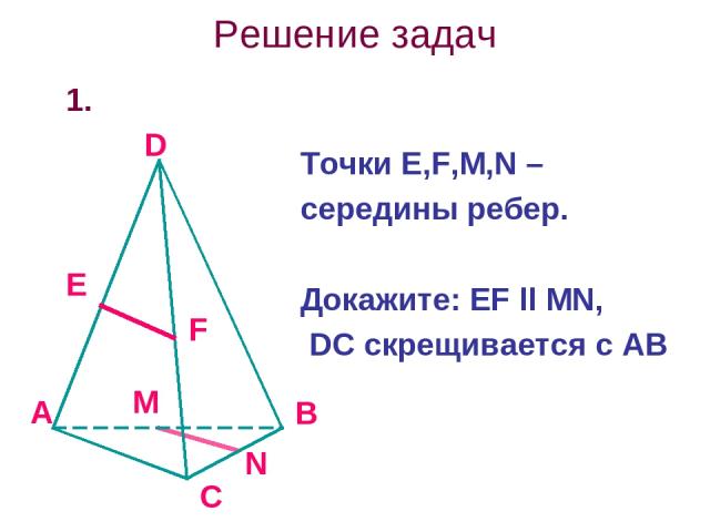 Решение задач 1. Точки Е,F,M,N – середины ребер. Докажите: EF ll MN, DC скрещивается с AB