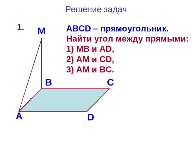 Решение задач 1. А В С D M ABCD – прямоугольник. Найти угол между прямыми: MB и AD, AM и CD, AM и BC.